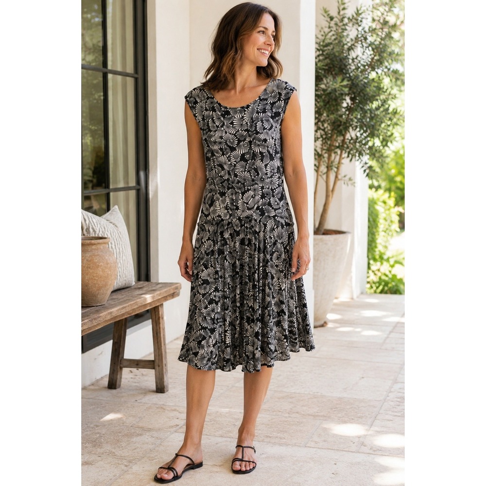 Moulinette Soeurs Anthropologie Black Cream Fan Print Fit Flare Dress M OB470871